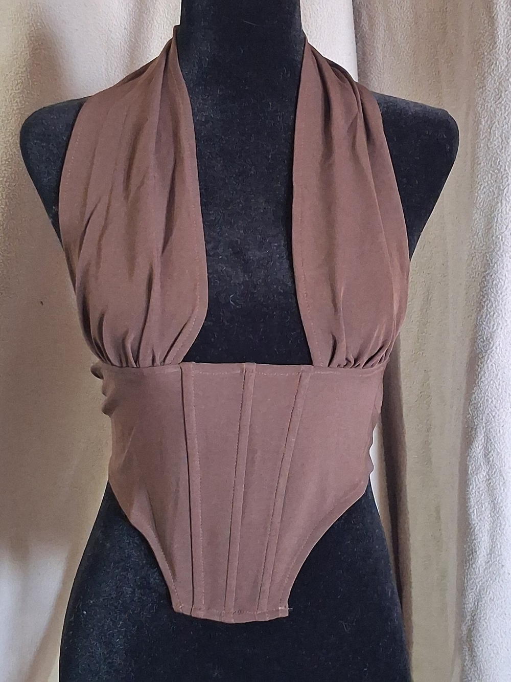 Brown Halter Corset Crop Top with Structured Waist